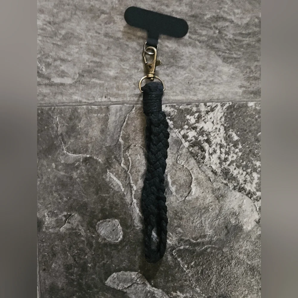 Boho Macrame Phone Wrist Strap/ Cell Phone Lanyard with Tether Tab In Black